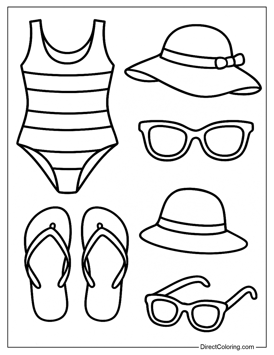 coloring page of Summer clothes such as swimsuits, flip flops, sunglasses and wide-brimmed hats